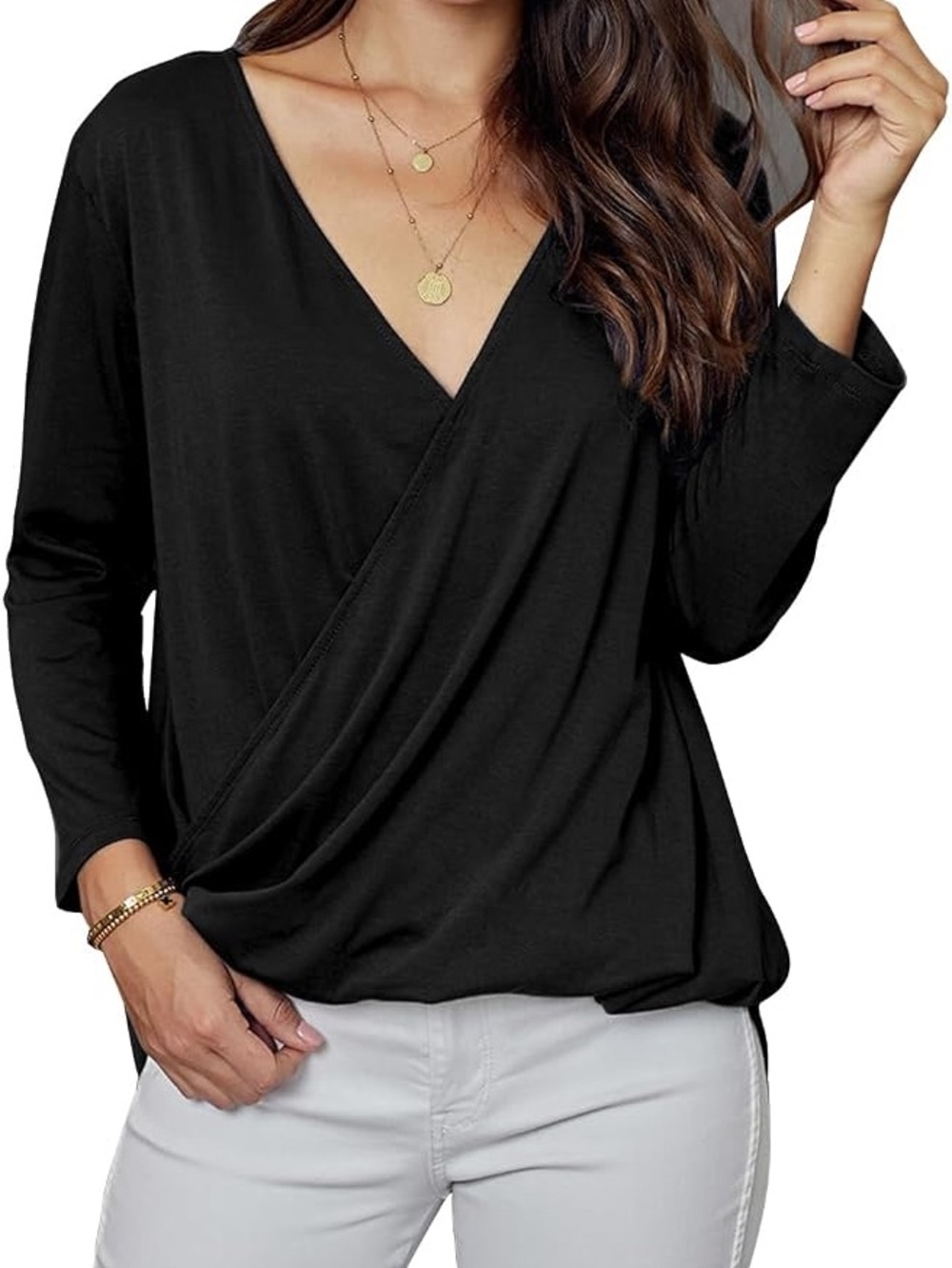 L.L. Bean Black Surplice V-Neck Long Sleeve Top